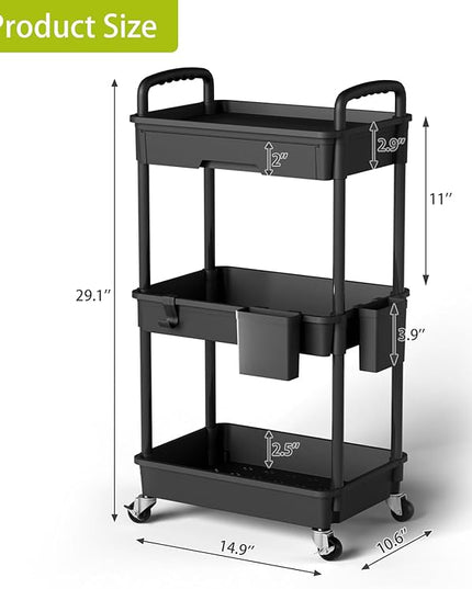 3 Tier Small Rolling Cart Organizer,Laundry Room Bathroom Organizers and Storage Office Shelves Mobile Shelving Unit Kitchen Trolley Cart with Wheels for Art,Craft,Diaper,Bedside,Snack(Black) - LeafyLoom