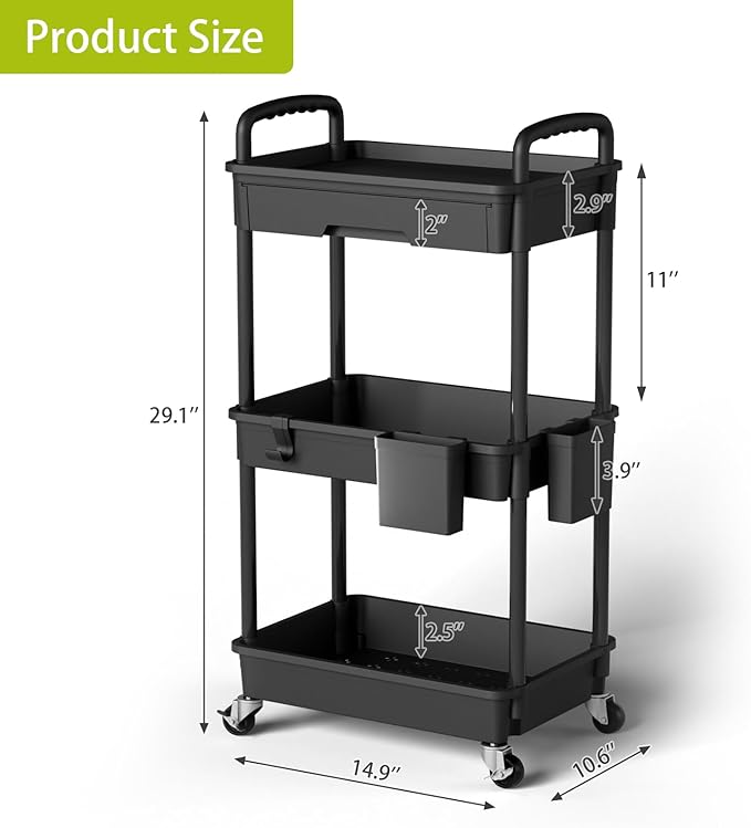 3 Tier Small Rolling Cart Organizer,Laundry Room Bathroom Organizers and Storage Office Shelves Mobile Shelving Unit Kitchen Trolley Cart with Wheels for Art,Craft,Diaper,Bedside,Snack(Black) - LeafyLoom