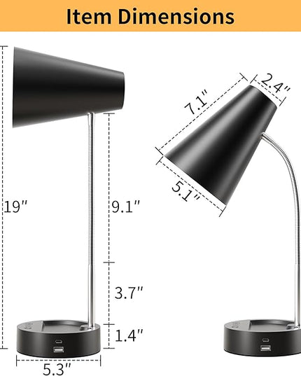 RUNTOP Desk Lamp, Black Desk Lamps for Home Office, LED Desk Light with USB Port and Type C Port, 5 Brightness Levels, 5 Color Temperatures, Flexible Gooseneck Desk Lamp, Table Lamp for Reading Study - LeafyLoom