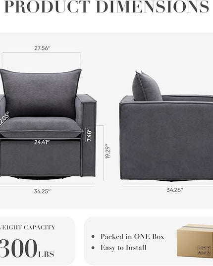 Swivel Accent Chair Set of 2, 34 Inches Wide Upholstered Arm Chair with Plump Back Pillow, Modern Sofa Living Room Chair for Bedroom, Corner, Reading Nook-Grey - LeafyLoom