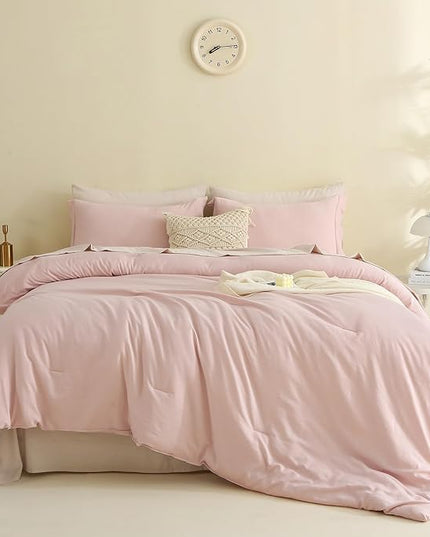 MILDLY Queen Comforter Set 7 Piece Color Clash, Pink Bed in a Bag, All Season Bedding Sets with 1 Comforter, 2 Pillow Shams, 2 Pillowcases, 1 Flat Sheet, 1 Fitted Sheet - LeafyLoom