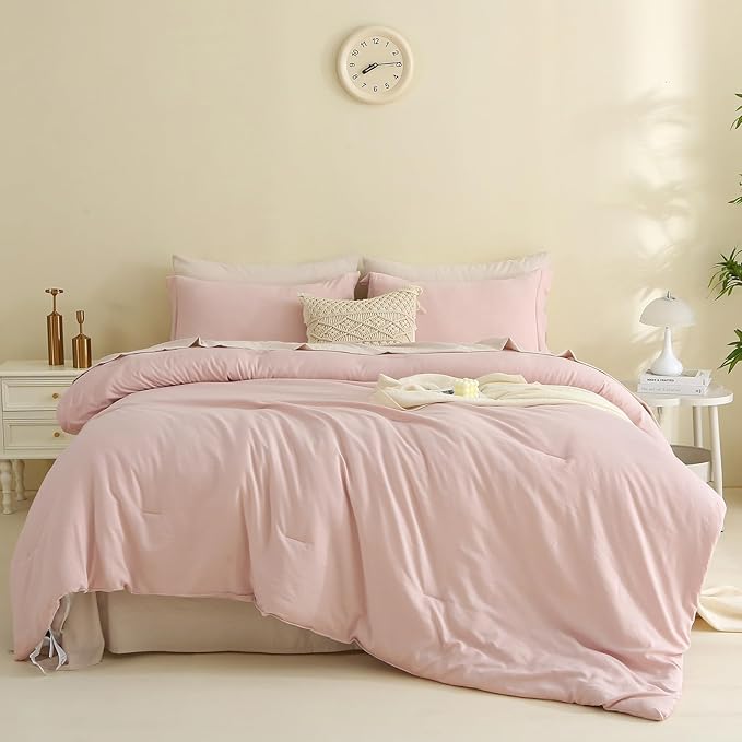 MILDLY Queen Comforter Set 7 Piece Color Clash, Pink Bed in a Bag, All Season Bedding Sets with 1 Comforter, 2 Pillow Shams, 2 Pillowcases, 1 Flat Sheet, 1 Fitted Sheet - LeafyLoom