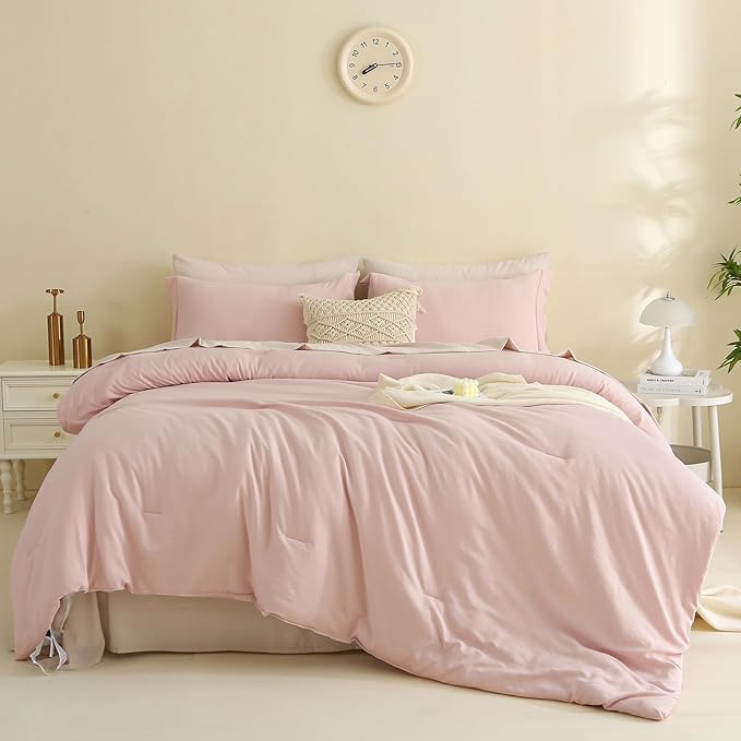 MILDLY Full Size Comforter Set 7 Piece Color Clash, Pink Bed in a Bag, All Season Bedding Sets with 1 Comforter, 2 Pillow Shams, 2 Pillowcases, 1 Flat Sheet, 1 Fitted Sheet - LeafyLoom