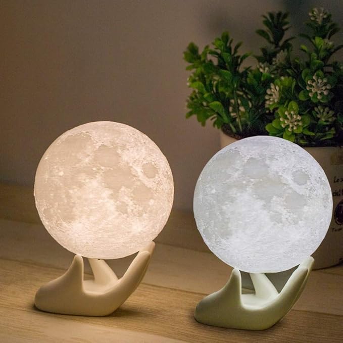 Moon Lamp - Unique Gift - 3D Print 3 Colors (Warn, Cool & Harvest) Lunar Lamp - Rechargeable and Touch Control Brightness (12cm) - LeafyLoom