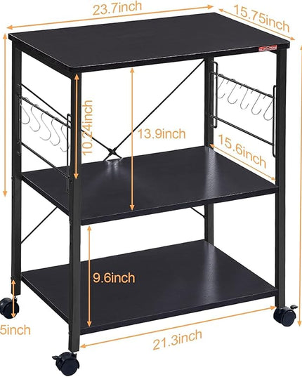 Mr IRONSTONE Kitchen Stand Microwave Cart 23.7'' for Small Space, Coffee Bar Table 3-Tier Rolling Utility Microwave Stand on Wheels, Coffee Cart with Storage Bakers Rack, Black Board+Black Metal Frame - LeafyLoom