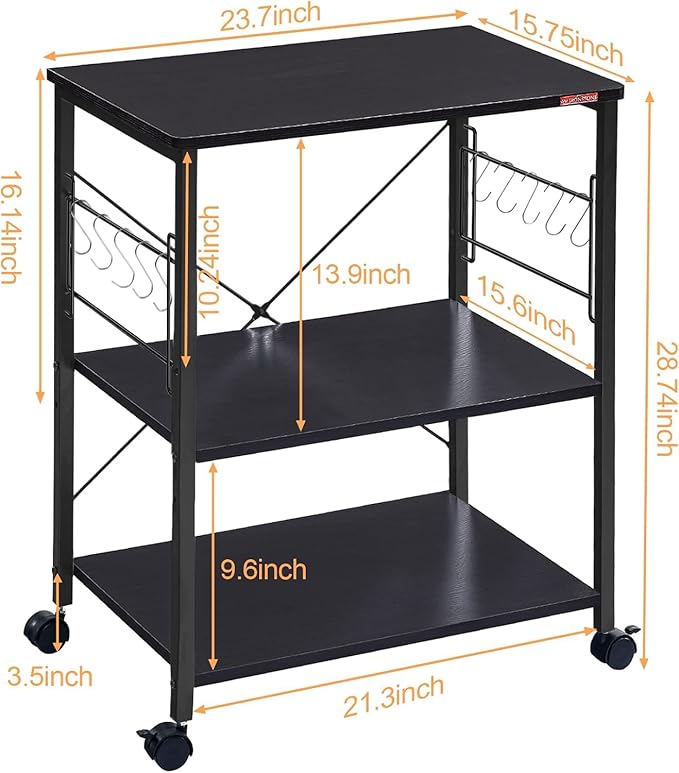 Mr IRONSTONE Kitchen Stand Microwave Cart 23.7'' for Small Space, Coffee Bar Table 3-Tier Rolling Utility Microwave Stand on Wheels, Coffee Cart with Storage Bakers Rack, Black Board+Black Metal Frame - LeafyLoom