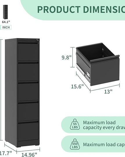 5 Drawer Vertical File Cabinet, Metal File Cabinets with Lock for Home Office, Heavy Duty Office Steel Filing Cabinet for Hanging Files for A4/ Legal/Letter,Assembly Required (Black) - LeafyLoom