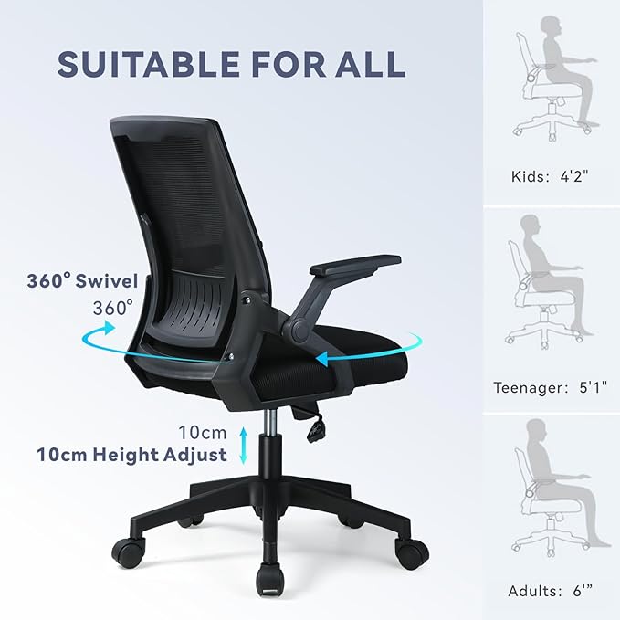 COMHOMA Office Chair with Flip-up Armrests Ergonomic Computer Desk Chair Foldable Mesh Task Chair with Wheels Adaptive Lumbar Support Swivel Tilt Comfortable Study Chair for Student, Black - LeafyLoom