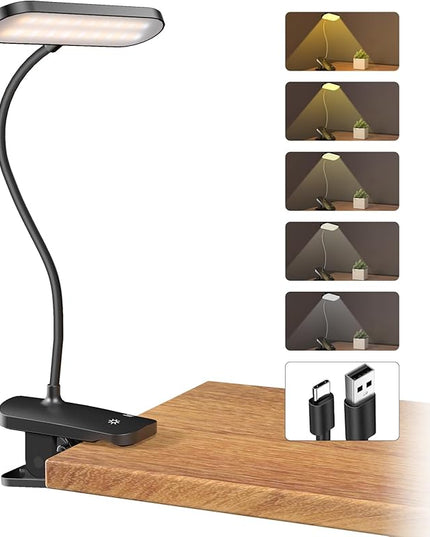 CUHIOY Desk Lamp Clip on Reading Light, USB-C Battery-Operated Rechargeable Table Lamps with Clamp for Dorm Home Office, 38LEDs Bed Headboard Light, 5 Colors 5 Brightness, Flexible Gooseneck（Black） - LeafyLoom