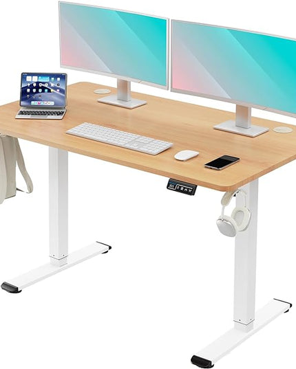 MOUNTUP Height Adjustable Electric Standing Desk Whole-Piece, 48 x 24 Inches Quick Assembly Sit Stand Desk, Stand Up Desk with Memory Controller, Ergonomic Desk, Oak - LeafyLoom