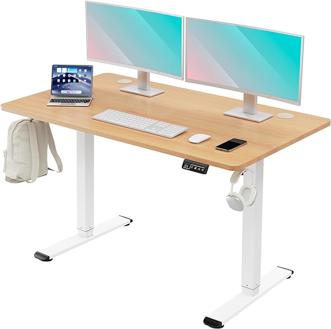 MOUNTUP Height Adjustable Electric Standing Desk Whole-Piece, 48 x 24 Inches Quick Assembly Sit Stand Desk, Stand Up Desk with Memory Controller, Ergonomic Desk, Oak - LeafyLoom