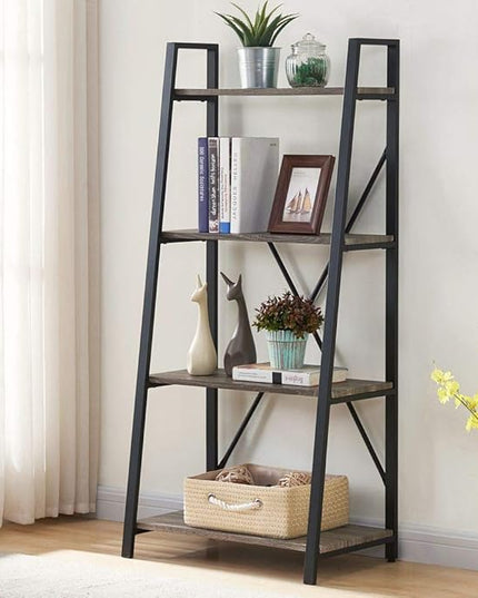 BON AUGURE Rustic Ladder Bookshelf, 4 Tier Industrial Ladder Shelf Bookcase, Standing Leaning Book Shelves for Living Room (Dark Gray Oak) - LeafyLoom