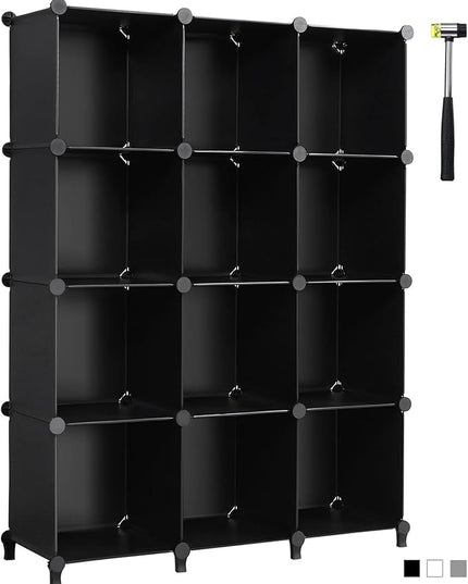 ANWBROAD Cube Storage Organizer 12-Cube DIY Closet Storage Cabinet Book Shelf Kids Organizers and Storage for Bedroom Closet Organizer Cubby Shelving Plastic Office Living Room Black ULCS012B - LeafyLoom