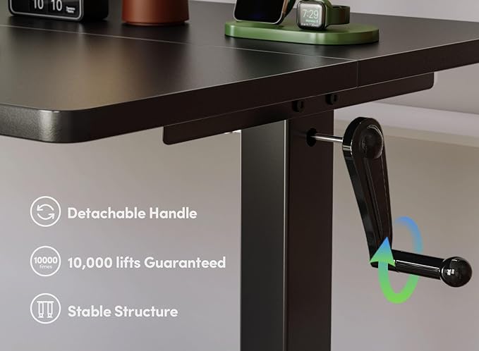 FEZIBO Crank Height Adjustable Desk, 48 Inches Manual Standing Desk, Writing Table with Handle, Home Office Desk with Black Frame/Black Table Top - LeafyLoom