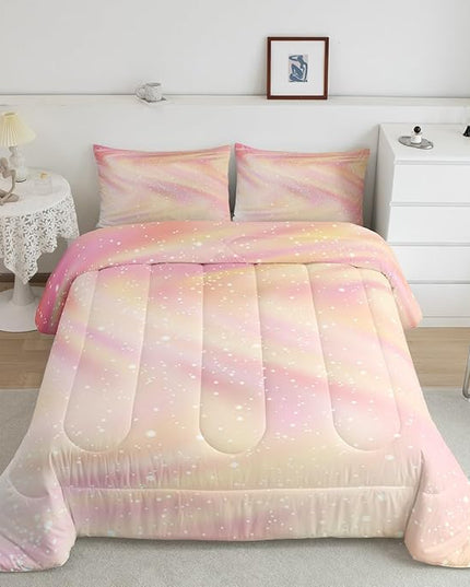 Pastel Girls Twin Bedding, Galaxy Glitter Comforter Set Twin Size for Kids Girls Children Women, Pink Yellow Ombre Bedding Comforter Sets Star Sky Rainbow Sparkle Quilt Tie Dye Bedroom Decor, 2 Pcs - LeafyLoom
