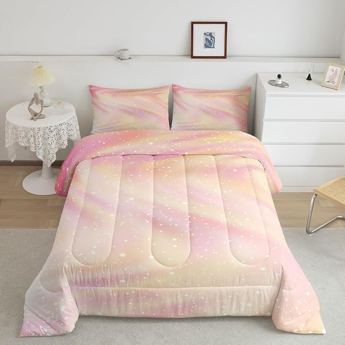 Erosebridal Girly Pastel Galaxy Bedding Comforter Sets King Size, Glitter Galaxy Bedding Tie Dye Gradient Sparkle Comforter Set for Boys Girls Teenagers Bedroom, Pink Yellow Ombre Duvet Insert, 3 Pcs - LeafyLoom