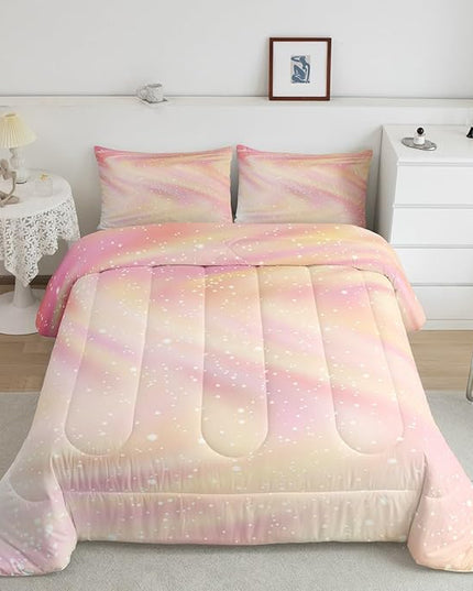 Girls Pastel Bedding for Kids Toddlers, Glitter Galaxy Space Bedding Comforter Sets Gradient Sparkle Comforter Set for Boys Girls Bedroom, Tie Dye Pastel Bedroom Decor 3 Pcs, Full ( Pink Yellow) - LeafyLoom