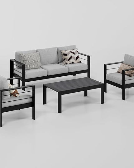 Wisteria Lane Aluminum Outdoor Patio Furniture Set, 4 Pcs Modern Outdoor Conversation Set Sectional Sofa with Upgrade Cushion and Coffee Table for Balcony,Black Frame and Grey Cushion - LeafyLoom