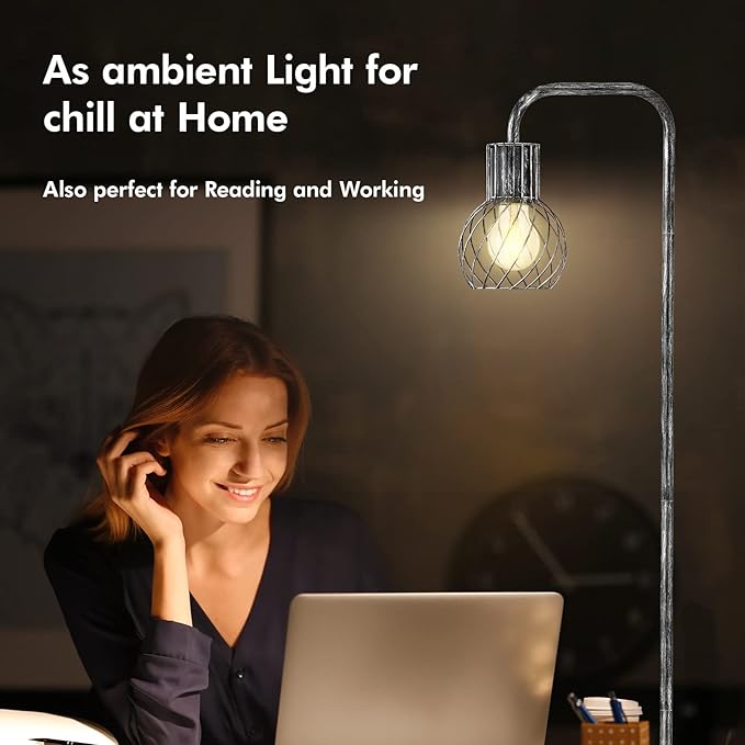Industrial Floor Lamp, Antique Silver Standing Lamp Modern with 6W LED Bulb, Foot Switch, Metal Tall Lamps for Living Room, Bedroom, Office, Den, Vintage Stand Up Lamp, Minimalist Farmhouse Floor Lamp - LeafyLoom