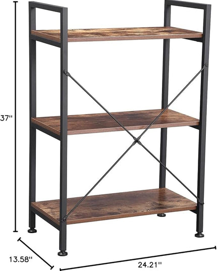 BEWISHOME 3 Tier Bookshelf, Rustic Small Book Shelf for Small Spaces, Brown Wooden Shelves for Bedroom Living Room and Home Office, 13.58" D x 24.21" W x 37" H, JCJ32Z - LeafyLoom