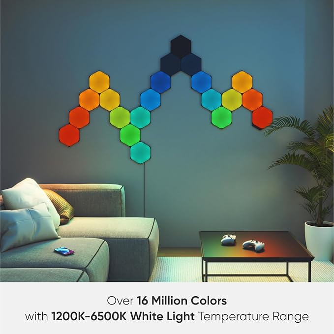 Nanoleaf Shapes WiFi and Thread Smart RGBW 16M+ Color LED Dimmable Gaming and Home Decor Wall Lights Smarter Kits (Black Hexagons Smarter Kit (9 Pack)) NANOLEAF