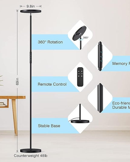 OHLUX Floor Lamp,36W/3000LM Sky LED Modern Torchiere 5 Color Temperatures Super Bright Floor Lamps, Dimmable Tall Standing Pole Light with Remote & Touch Control for Living Room,Bedroom,Office-Black - LeafyLoom