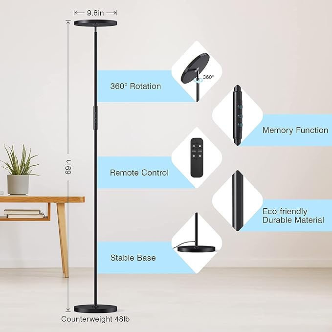 OHLUX Floor Lamp,36W/3000LM Sky LED Modern Torchiere 5 Color Temperatures Super Bright Floor Lamps, Dimmable Tall Standing Pole Light with Remote & Touch Control for Living Room,Bedroom,Office-Black - LeafyLoom