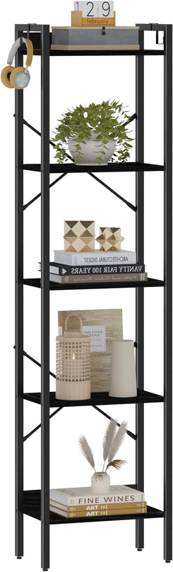 Bookshelf, Book Shelf, Industrial Bookcase with 2 Hooks, Coner Shelf Storage Organizer for Home Office, Living Room, Bedroom, Kitchen, 5-Tier Black BC10504B - LeafyLoom