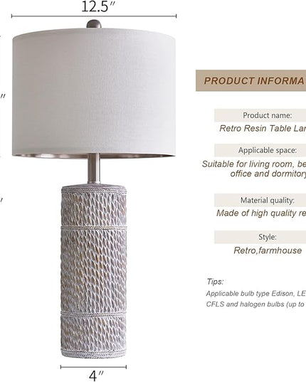 OYEARS 25.5 "Retro Farmhouse Table Lamps Set of 2 Woven Pattern Resin Bedside Lamps Classic Country Washed White Lamp for Bedroom Living Room Home Office - LeafyLoom