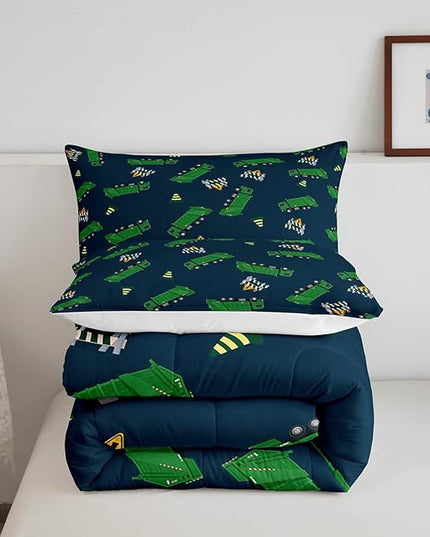 Feelyou Garbage Truck Toy Print Warm Comforter Setfor Kids Boys, Green Garbage Truck Bedding Set Cartoon Equipment Comforter Navy Blue Decor All Season Quilt Room 3Pcs King Size Boys - LeafyLoom