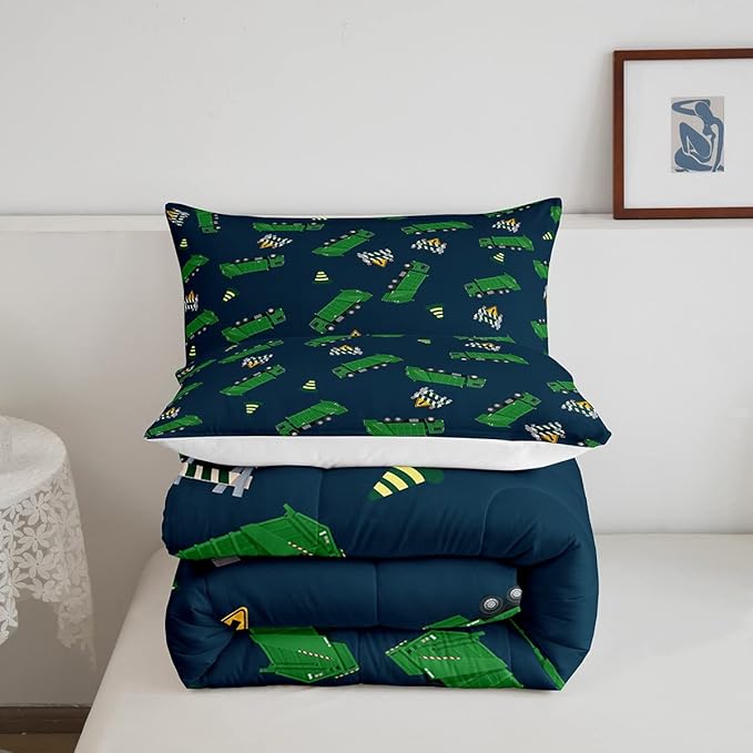 Feelyou Garbage Truck Toy Print Warm Comforter Setfor Kids Boys, Green Garbage Truck Bedding Set Cartoon Equipment Comforter Navy Blue Decor All Season Quilt Room 3Pcs King Size Boys - LeafyLoom