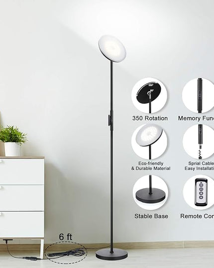 JOOFO Floor Lamp,30W/2400LM Sky LED Modern Torchiere 3 Color Temperatures Super Bright-Tall Standing Pole Light with Remote & Touch Control for Living Room,Bed Room,Office (Black) - LeafyLoom
