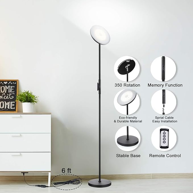 JOOFO Floor Lamp,30W/2400LM Sky LED Modern Torchiere 3 Color Temperatures Super Bright-Tall Standing Pole Light with Remote & Touch Control for Living Room,Bed Room,Office (Black) - LeafyLoom