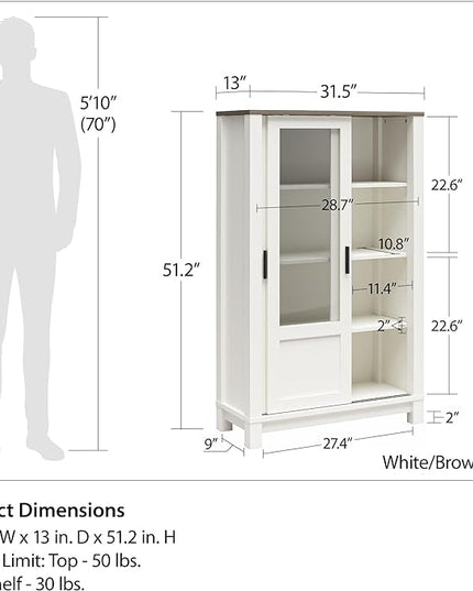 Ameriwood Home Chapel Hill Rustic Farmhouse Bookcase Cabinet with Sliding Glass Doors, White with Brown Oak Top - LeafyLoom