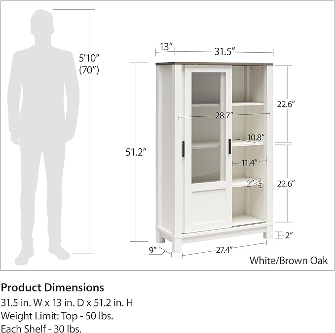 Ameriwood Home Chapel Hill Rustic Farmhouse Bookcase Cabinet with Sliding Glass Doors, White with Brown Oak Top - LeafyLoom
