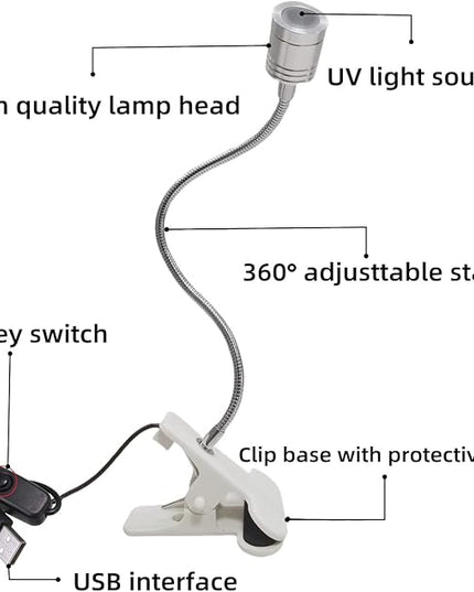 UV LED Light Fixtures with Gooseneck and Clamp Mini Desk Light Clamp Portable Gooseneck for Outdoor Stall Gel Nail Curing, 5V USB Input (Silver,long Head) - LeafyLoom
