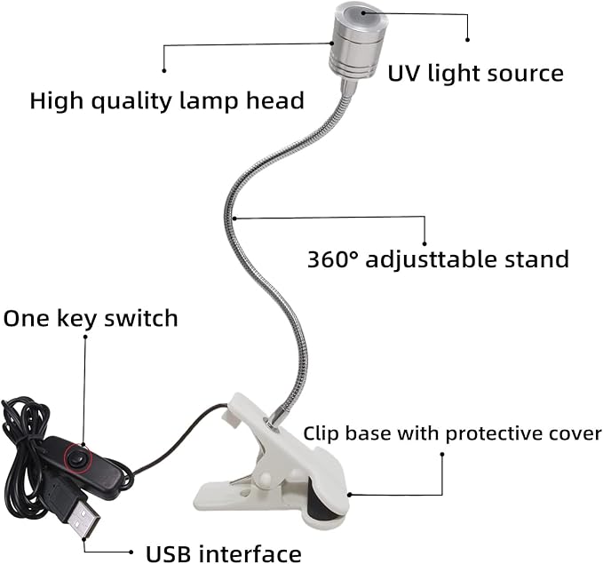 UV LED Light Fixtures with Gooseneck and Clamp Mini Desk Light Clamp Portable Gooseneck for Outdoor Stall Gel Nail Curing, 5V USB Input (Silver,long Head) - LeafyLoom