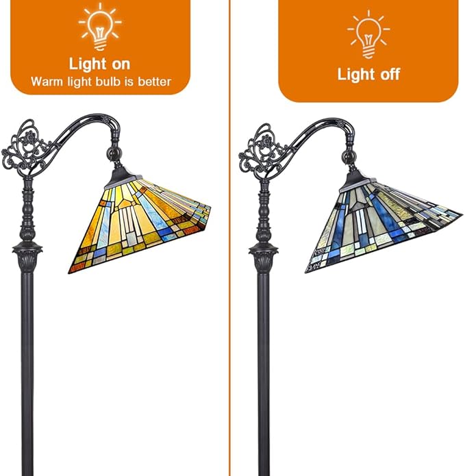 Capulina Tiffany Floor Lamp H62 Tall Antique Mission Style Stained Glass Soft Light Arched Gooseneck Adjustable Angle Reading Lamp for Living Room Bedroom - LeafyLoom