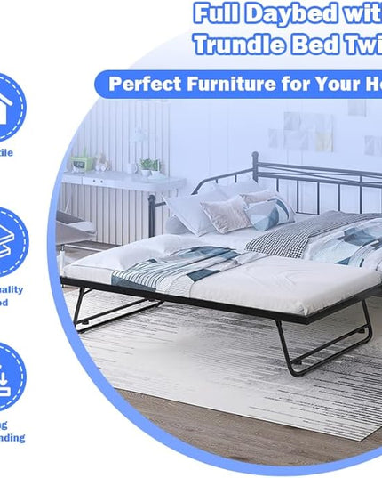Full Daybed with Trundle Bed Twin, Metal Day Bed Frame with Pop Up Trundle, Metal Sofa Bed with Portable Folding Trundle for Bedroom, Living Room, Guest Room, Home, No Box Spring Needed, Black - LeafyLoom