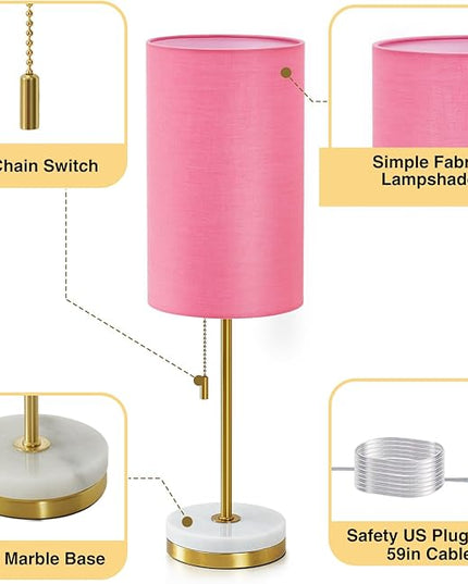 Luvkczc Minimalist Table Lamp Set of 2, Nightstand Lamp for Bedroom Living Room, Modern Pull Chain Bedside Lamp with Marble Base, Fabric Shade, Small Desk Lamp for Home, Office, Reading,Pink - LeafyLoom