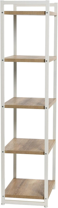 Household Essentials Jamestown Narrow 5 Shelf Open Storage Bookshelf Coastal Oak Rustic Wood Grain and White Metal - LeafyLoom