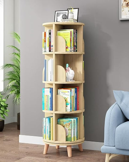 Gdrasuya10 4 Tier Rotating Bookshelf with Legs, Floor Standing Bookshelf Stackable Bookshelf Wood Bookcase Storage 360 Display Book Shelf for Living Room Bedroom - LeafyLoom