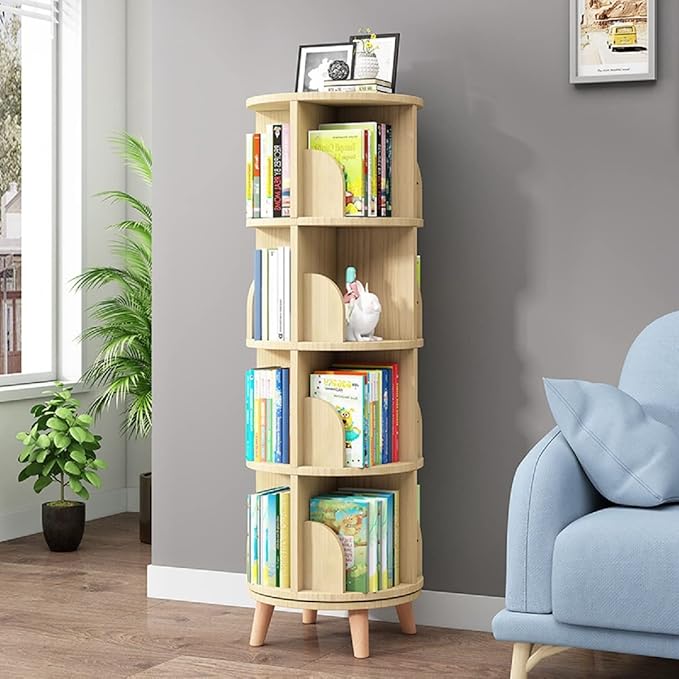 Gdrasuya10 4 Tier Rotating Bookshelf with Legs, Floor Standing Bookshelf Stackable Bookshelf Wood Bookcase Storage 360 Display Book Shelf for Living Room Bedroom - LeafyLoom