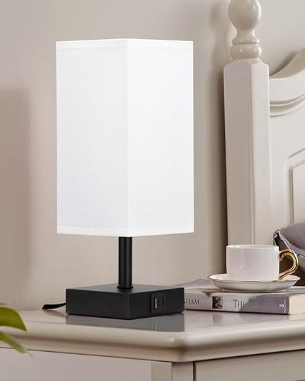 Ambimall White Table Lamp with USB Ports - 3 Way Touch Lamps Beside Desk, Nightstand Lamp for Bedrooms Living Room, White Shade with Black Base, LED Bulb Included(White) - LeafyLoom