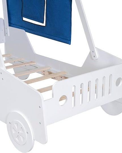 Twin Size Kids Car Bed with Tent Canopy & Wheels,Wood Bedframe W/Safty Grille,Raised Base Design,Easy to Assemble,Toddler Boys Car-Shaped Bedroom Beds for Reading Playing Relaxing,White - LeafyLoom