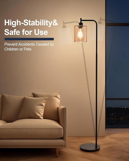 Oneach 66.5 '' Black Floor Lamps for Living Room with Glass Lampshade Tall Floor Lamp with LED Bulb Industrial Standing Lamp for Bedroom - LeafyLoom