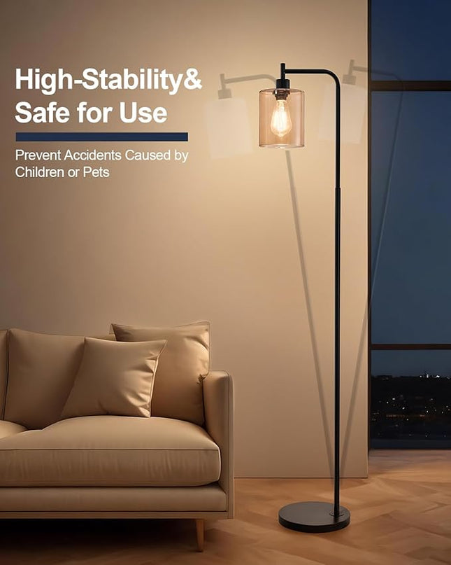 Oneach 66.5 '' Black Floor Lamps for Living Room with Glass Lampshade Tall Floor Lamp with LED Bulb Industrial Standing Lamp for Bedroom - LeafyLoom