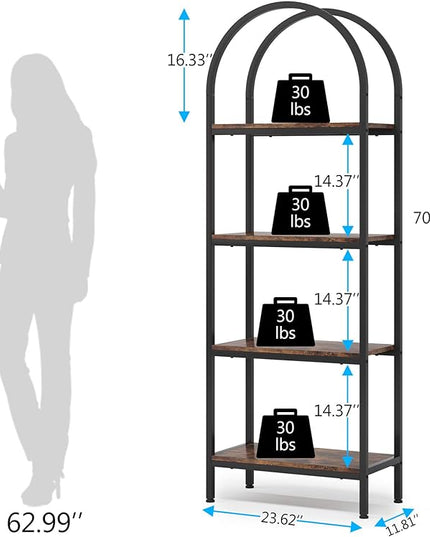 Tribesigns 4-Tier Open Bookshelf, 70.8" Industrial Arched Bookcase Storage Shelves with Metal Frame, Freestanding Display Rack Tall Shelving Unit for Office, Bedroom (Rustic Brown, 1PC) - LeafyLoom