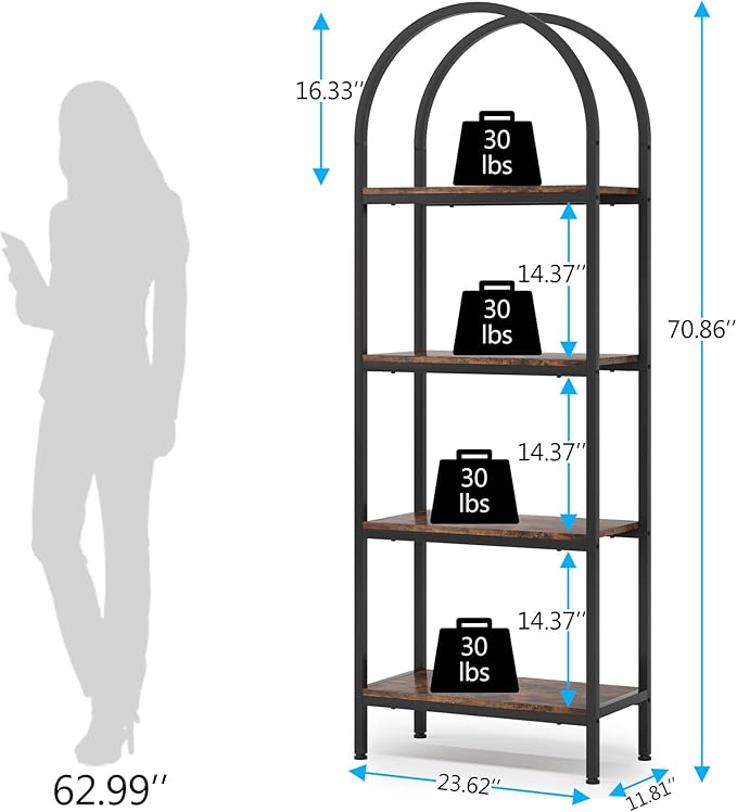 Tribesigns 4-Tier Open Bookshelf, 70.8" Industrial Arched Bookcase Storage Shelves with Metal Frame, Freestanding Display Rack Tall Shelving Unit for Office, Bedroom (Rustic Brown, 1PC) - LeafyLoom