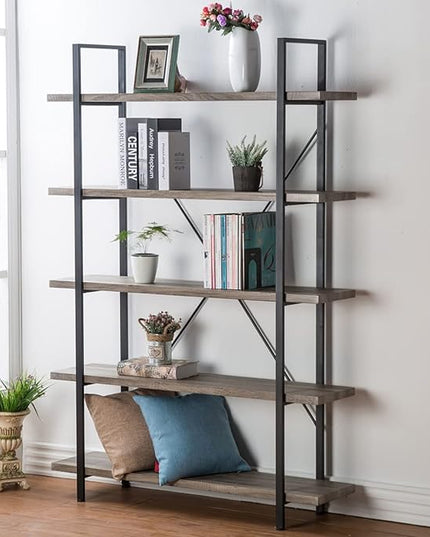 HSH 5-Shelf Vintage Industrial Rustic Bookshelf, 5 Tier Wood and Metal Bookcase, Open Etagere Book Shelf, Farmhouse Wooden Bookshelves, Light Grey Oak - LeafyLoom